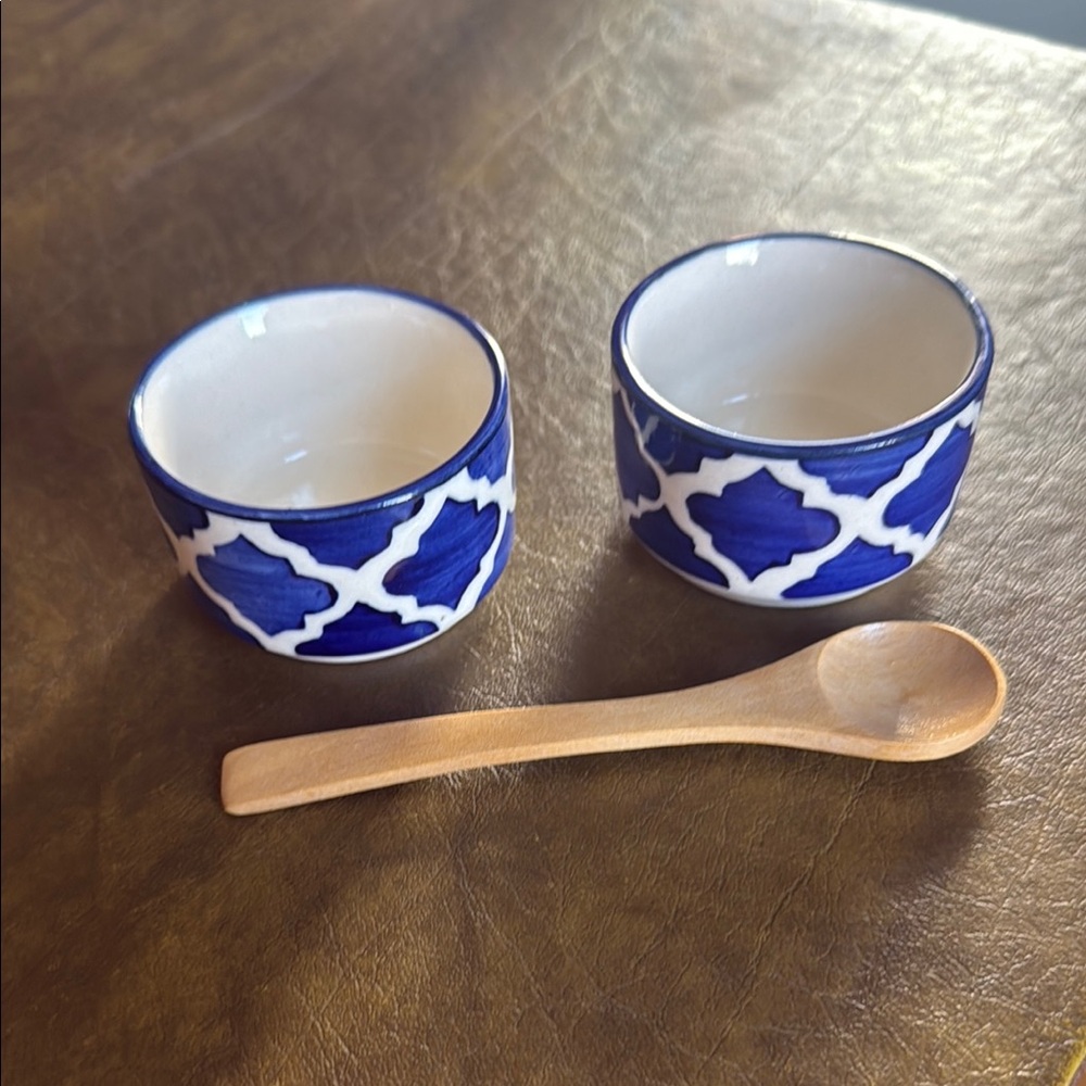 Blue and White Ceramic Bowls with Wooden Spoon